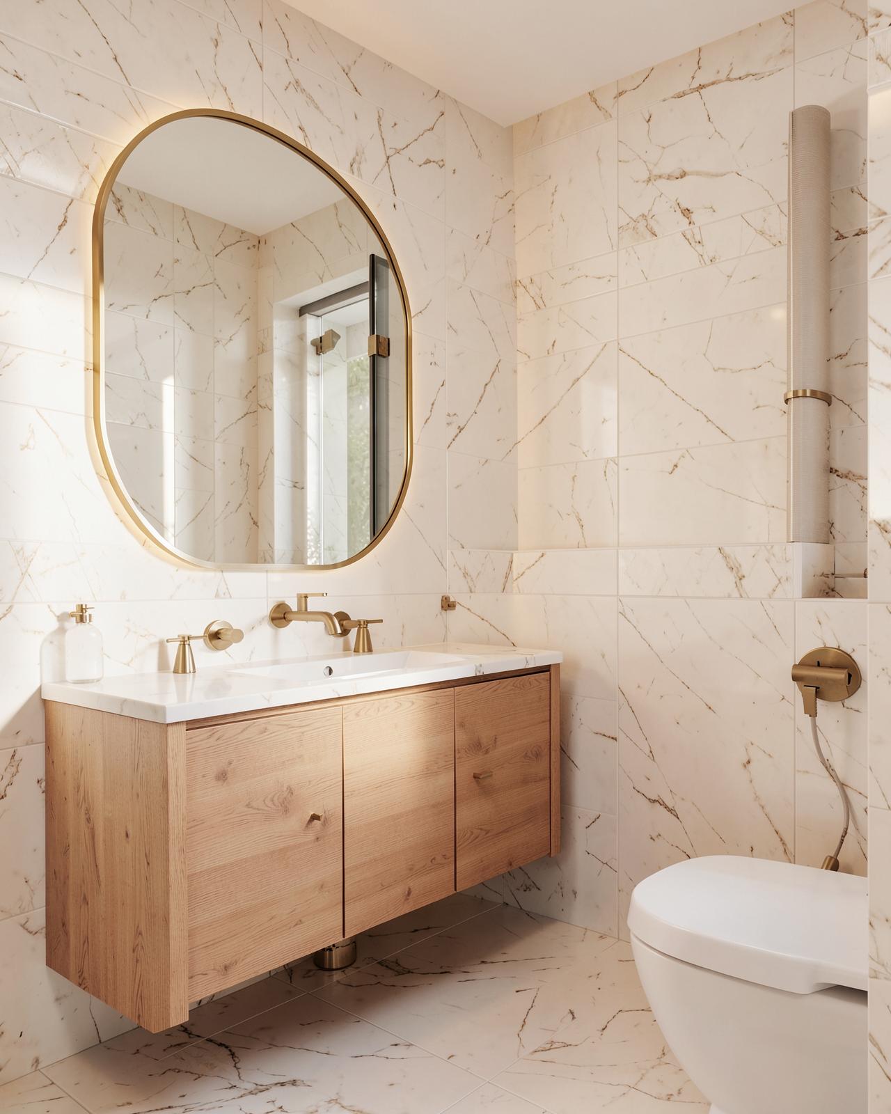 Bathroom with warm marble tile, oak floating vanity, brass fixtures and arched mirror