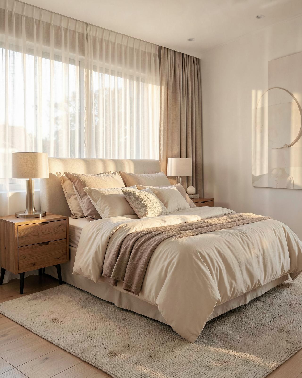 Designer bedroom in a Staten Island home with layered ivory bedding and warm oak nightstands